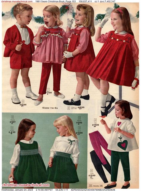 1961 Sears Christmas Book, Page 153 - Catalogs & Wishbooks Vintage Kids Fashion, Vintage Clothes Patterns, Vintage Girls Clothes, Vintage Childrens Clothing, Vintage Kids Clothes, Christmas Clothes, Christmas Book, Vintage Kids, 1960s Fashion