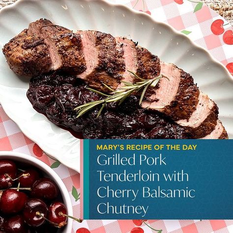 The Good Stuff with Mary Berg on Instagram: "Savour all the beautiful flavours of summer with @mary_berg3’s grilled pork tenderloin with cherry balsamic chutney! 🍒 Start your marinade by whisking balsamic vinegar, olive oil, grainy Dijon mustard and various seasonings. 🧑‍🍳 Marinate your pork in the fridge until you’re ready to grill and place in the oven. Whip up a bold cherry balsamic chutney by cooking down aromatics such as shallots, garlic and ginger. ❤️ Then stir in your cherries, along with other ingredients, until they have broken down. Pour your chutney over the juicy pork tenderloin to serve for a vibrant summer dinner! 😋  Click the link in the bio or visit thegoodstuff.ca for the recipe.  #porktenderloin #cherry #chutney #cherryseason #maryberg" Pork Tenerloin, Juicy Pork Tenderloin, Cherry Season, Grilled Pork Tenderloin, Pork Loin, Pork Tenderloin, Summer Dinner, Pork Dishes, Balsamic Vinegar