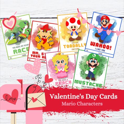 6 Different Mario Character Valentine's Day Cards Valentine Cards Preschool, Mario Valentines, Preschool Valentine Cards, Mario Bowser, School Valentines, Classroom Valentines, Preschool Valentines, Mario Luigi, Mario Party