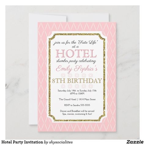 Hotel Party Invitation Hotel Slumber Party, Hotel Sleepover, Hotel Birthday, Hotel Birthday Parties, Slumber Party Invitations, Birthday Sleepover Ideas, Sleepover Invitations, Girls Slumber Party, Birthday Room