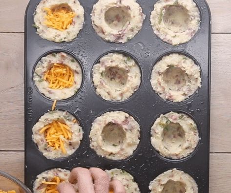 Mashed potato cups. Because the best things in life are filled with cheese. Mashed Potato Cups, Comfort Food Appetizers, Potato Cups, Loaded Mashed Potatoes, Muffin Tin Recipes, Mashed Potato Recipes, Potato Cakes, Best Things In Life, Potato Side Dishes