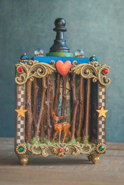 Shadowbox Diorama, Shadowbox Art, Miniature Fawn and Woods, Vintage Diorama Story Box Art, Miniature Diorama Art, Rustic Vignette Shrine Box - Etsy Fairy Garden Shadow Box Ideas, Shadow Box Crafts, Jar Diorama, Clay Diorama, Shadowbox Diorama, Fantasy Diorama, Shrine Art, Shadowbox Ideas, Box Sculpture