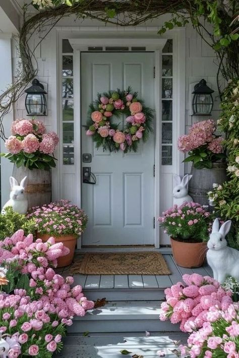 Front Door Decor Ideas. #decor #decoration #decora #decorating #decorations #decorate #decorative #decoracaodeinteriores #decorando #decoraci #decore #decoradora #decorar #Kitchendecor #Homedecorideas Front Door Decor Ideas, Door Decor Ideas, Pretty Porches, Easter Porch, Easter Porch Decor, Easter Decorations Outdoor, Front Porch Decorating, Climbing Wall, Colourful Cushions