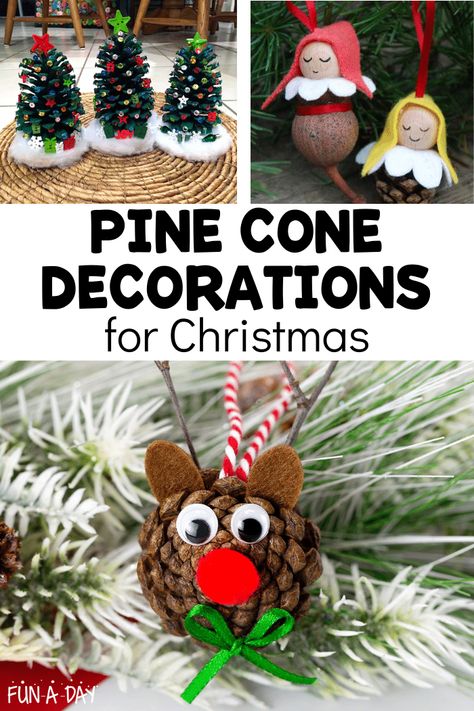 10 Pine Cone Christmas Crafts for Kids - Fun-A-Day! Pinecone Tree Ornaments, Pinecone Decorations Diy, Pine Cone Ornaments Diy, Pine Cone Christmas Crafts, Pine Cone Santa, Christmas Trees To Make, Christmas Activities For Preschoolers, Preschool Christmas Ornaments, Christmas Projects For Kids