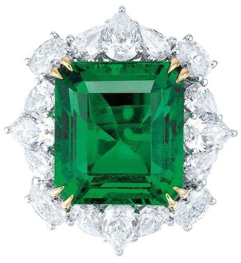 Octagonal step-cut emerald (Zambian, no clarity enhancement) of 16.48 carats, 12 pear and four oval-shaped diamonds, 4.75 carats total, brilliant-cut diamonds, 0.61 carat total, 18K white gold and gold. 2 December, Emerald And Diamond Ring, Red Gift, Zambian Emerald, Emerald Necklace, Birth Flowers, Diamond Pendant Necklace, Zambia, Brilliant Cut Diamond