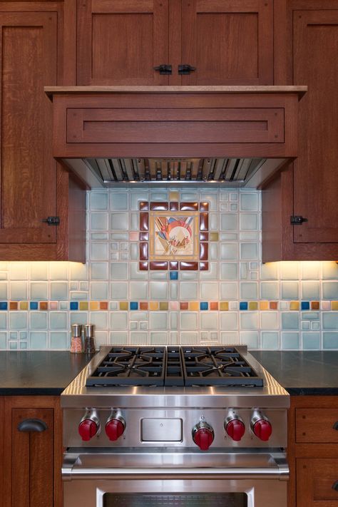 Arts & Crafts Kitchen Revival - Craftsman - Kitchen - Detroit - by Sharer Design Group LLC | Houzz Red Kitchen Tiles, Arts And Crafts Interior Design, Arts And Crafts Kitchen, Arts And Crafts Interiors, Craftsman Kitchen, Red Kitchen, Kitchen Tile, Arts Crafts Style, Kitchen Tiles Backsplash