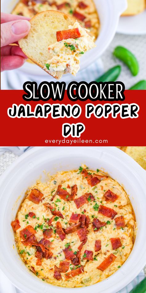 Enjoy an irresistible Slow Cooker Jalapeno Popper Dip. An easy recipe made with just a few simple ingredients. A creamy dip with a hint of spice and topped with bacon pieces to add in the flavors or a true jalapeno popper. A great dip for potlucks, family gatherings, tailgates, and Cinco de Mayo parties Jalapeno Popper Dip Recipe, Convenient Dinner, Jalapeno Popper Dip, Popper Dip, Easy Dip, Bite Size Appetizers, Jalapeno Popper, Best Appetizer Recipes, Creamy Dip