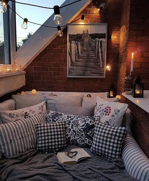 What a cozy reading or cuddle nook this would be!!! the rustic exposed brick wall and the expanse of windows gives it an outdoor feel! -Felicia Window Seat Design, Balkon Decor, Room Deco, Design Del Prodotto, Balcony Design, Lounge Seating, House Goals, Cozy Room, Balcony Decor