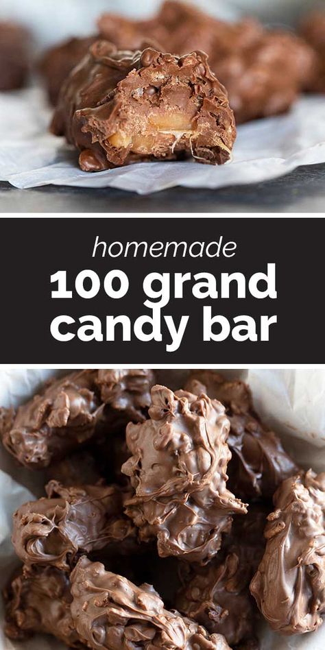 Caramel, chocolate, and crispy cereal make up these Homemade 100 Grand Candy Bars. These are so easy, you’ll want to keep all the ingredients on hand for when a craving hits! Crispy Chocolate Bars, Copycat Candy Bars, Copycat Candy Bar Recipes, Zagnut Candy Recipe, Cereal Candy Recipes, Copycat Candy Recipes, Homemade Payday Candy Bars, Christmas Candies Homemade, Nougat Recipe Easy