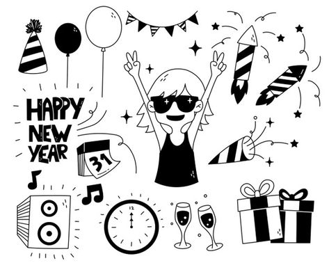 Happy New Year Doodle, New Year Doodle, Calendar Doodles, New Year's Drawings, Happy Doodles, Dot Journals, Nouvel An, Canvas Art Painting, Cute Doodles