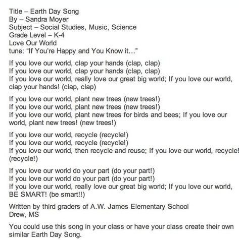 Earth Day Poems, Earth Day Song, Fun Songs For Kids, Earth Activities, Earth Week, Earth Day Projects, I Love School, Seasonal Activities, Earth Day Crafts