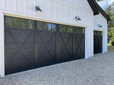 Garage Door Farmhouse Style, Black Farmhouse Garage Door, White Farmhouse Black Garage Doors, Farmhouse Garage Door, Modern Farmhouse Garage Doors Black, Farmhouse Door Hardware Garage, Modern Farmhouse Garage Doors, Barndominium Black Garage Doors, Farmhouse Garage