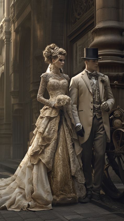 Victorian wedding created with AI by Amanda Church Victorian Era Aesthetic, Images Victoriennes, Fantasy Wedding Dress, Steampunk Wedding Dress, Victorian Era Dresses, Victorian Wedding Dress, Victorian Era Fashion, Victorian Romance, Victorian Aesthetic