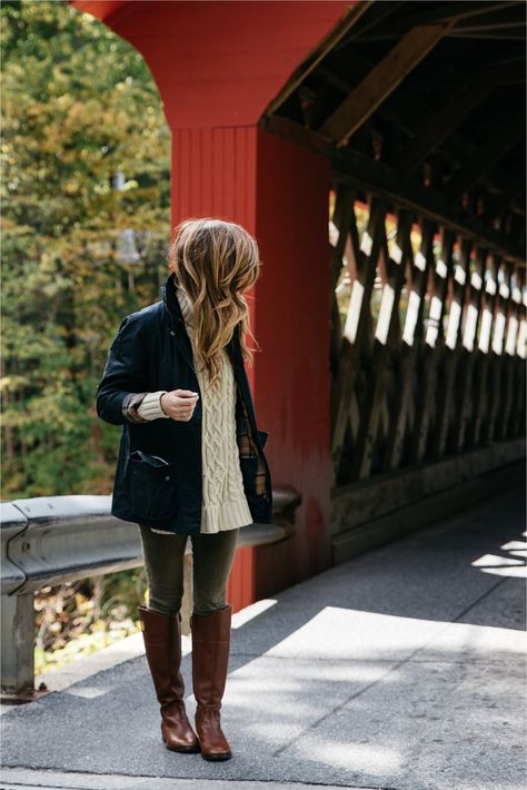 Fall outfit, tory burch riding boots, barbour jacket, olive green pants, oversized cableknit turtleneck sweater covered bridge in Vermont Barbour Jacket Women Outfit, Barbour Jacket Women, Manchester Vt, Country Outfits Women, Tory Burch Riding Boots, Autumn Fashion Women Fall Outfits, Ralph Lauren Womens Clothing, Barbour Women, Jacket Outfit Women