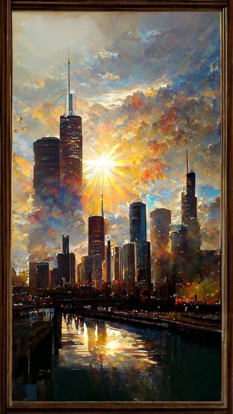 Chicago Sunset, Chicago Painting, New York Painting, Skyline Painting, Landscape Sketch, Abstract City, Canvas Drawings, Architecture Drawing Art, City Painting