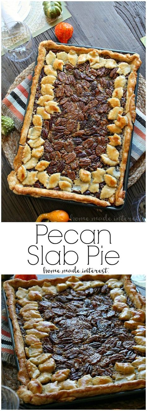 This beautiful pecan slab pie recipe takes a traditional pecan pie recipe and doubles it, making one big slab pie that the whole family will enjoy. Make this pecan slab pie for Thanksgiving dessert or Christmas dessert. This pecan slab pie is extra pretty with a crust made with pie dough cut into fall leaves. Impress your guests with this easy pecan pie recipe! AD @mychinet Pecan Slab Pie, Thanksgiving Desserts Pie, Slab Pie Recipes, Southern Pies, Thanksgiving Desserts Kids, Pecan Pie Easy, Pie Thanksgiving, Pecan Pie Filling, Thanksgiving Desserts Easy