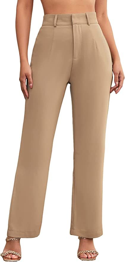 SweatyRocks Women's Elegant High Waist Solid Long Pants Office Trousers Office Trousers Women, Office Pants Women, Trouser Pants Pattern, Trousers Women Outfit, High Waist Wide Leg Trousers, Pant Trousers Women, Khaki Trousers, Office Pants, Work Pants Women