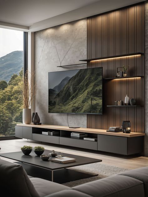 Sleek and sophisticated, this living room features a stunning TV wall with a combination of textured concrete and wood paneling. The floating shelves add a touch of elegance, while the integrated lighting creates a cozy ambiance. Perfect for those seeking a minimalist yet stylish design.nn#homedecor #interiordecor #livingroom #tvwall #modernstyle #minimalism Statement Wall With Tv, Walls Behind Tv, Modern Living Room Tv Wall, Living Room Tv Wall Decor, Modern Fireplace Ideas Living Rooms, Moody Interior Design, Textured Concrete, Japandi Living Room, Integrated Lighting