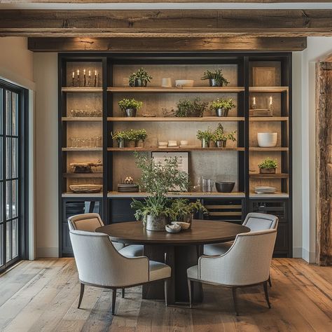 Open Wall Space In Kitchen, Kitchen Flowing Into Dining Room, European Modern Dining Room, Built In Shelf Dining Room, Kitchen Cabinet Extension To Dining Room, Dining Room Built In With Wine Fridge, Built In Desk Dining Room, Dining Room With Floating Shelves, Dining Room Countertop