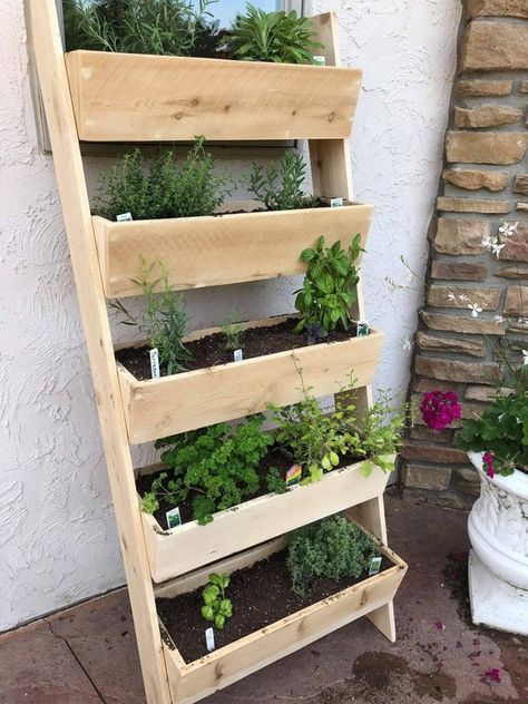 Ladder Planter, Vertical Garden Indoor, Vertical Garden Design, Vertical Vegetable Garden, Vertical Herb Garden, Vertical Garden Diy, Planter Design, Garden Types, Pallet Garden