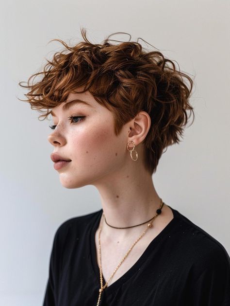 Curly Tomboy Haircut, Perm Pixie Haircut, Curly Androgynous Hair, Undercut 2023, Pixie Curly Haircut, Short Hair Curly Hairstyles, Curly Short Haircuts, Pixie Curls, Wavy Pixie Haircut