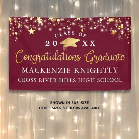 Stylish Maroon Burgundy Gold Script Congrats Grad Banner Create a modern custom color, personalized graduation banner sign featuring the title CONGRATULATIONS GRADUATE Graduation Message, Grad Banner, Graduation Congratulations, Maroon Background, Graduation Poster, Graduation Banner, Script Typography, Graduation Theme, Congratulations Graduate