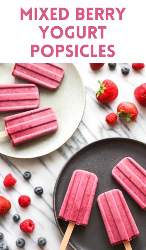 Berry Popsicle Recipes, Greek Yogurt Popsicle Recipes, Coconut Yogurt Popsicles, Mixed Berry Popsicles, Dairy Free Popsicles, Mango Popsicle Recipes, Strawberry Yogurt Popsicles, Yogurt Popsicle Recipes, Creamy Popsicles