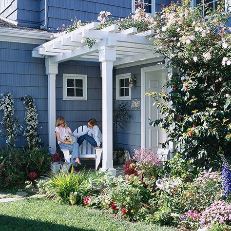 Highlight an Entry- mmmmmm pergola overhung with flowering vine and the Adirondack chair, so inviting. Front Door Pergola, Pergola Vines, Front Porch Pergola, Door Pergola, White Pergola, Small Pergola, Pergola Diy, Pergola Curtains, Pergola Swing