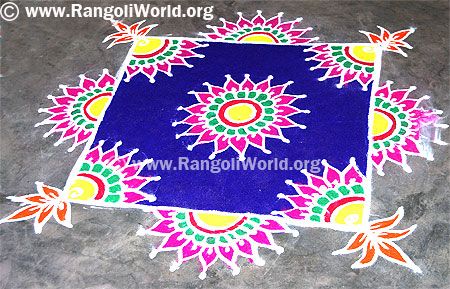 Square Freehand Rangoli with pink flowers Square Rangoli Design Easy, Square Rangoli Design For Diwali, Square Rangoli Design, Rangoli With Flowers, Square Rangoli, Artistic Rangoli, Freehand Rangoli Design, Sanskar Bharti Rangoli, Sanskar Bharti Rangoli Designs