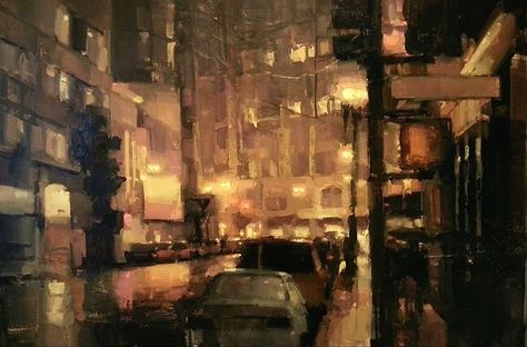 James Kroner Color Of Night, Contemporary Realism, Street Painting, Night Sky Wallpaper, City Painting, Cityscape Art, Eclectic Art, Great Paintings, Cityscape Painting