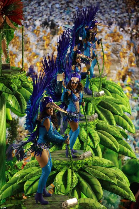 Golden beaks, dazzling blue feathers and verdant green trees encrusted in glitter brought ... Brazil Costume, Rio Carnival Costumes, Carnival Rio, Carnival Floats, Learn Brazilian Portuguese, Carnival Parade, Greatest Show On Earth, Carnival Fashion, Festival Aesthetic