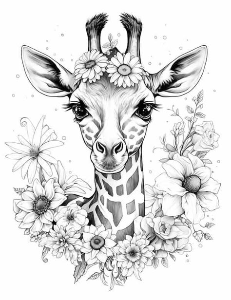 Giraffe with flowers realistic coloring page Giraffe With Flowers Drawing, Giraffe Tattoo With Flowers, Giraffe Art Drawing, Baby Giraffe Tattoo, Giraffe With Flowers, Tattoos Disney, Giraffe Tattoo, Giraffe Artwork, Giraffe Coloring Pages