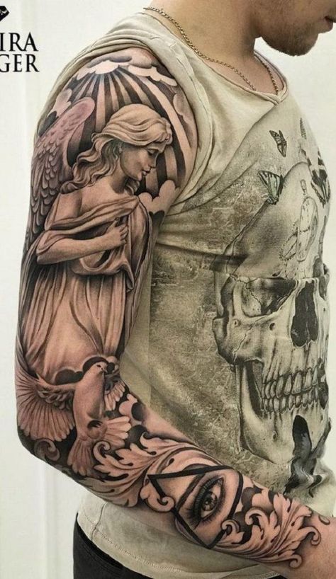 Gods Angels, Angel Sleeve Tattoo, Guardian Angel Tattoo, Tattoo Angel, Men Tattoos Arm Sleeve, Bone Tattoos, Tato Lengan, Angel Tattoo Designs, Tattoos Geometric