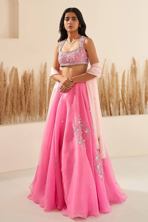 Zoon's Hot Pink Blouse And Lehenga Metallic Organza Floral Embroidery Cutdana Set Celebrity Lehenga Designs, Desi Party, Lehenga For Wedding, Cancan Lehenga, Sheer Dupatta, Hot Pink Blouses, Organza Embroidery, Lehenga Blouse Designs, Padded Blouse