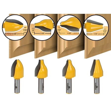 Own 4 of the most popular vertical panel raiser profiles in this impressive 4 bit router bit set. The Yonico 12404 router bit set includes the following 4 vertical panel raiser designs: bevel, ogee, ogee & bead and cove. All bit shanks are 1/2" with a cutter length of 1-1/2". Manufactured from C3 micro grain carbide, the Yonico 12404 set will yield years of raised panel cabinet making. Set includes a beautiful solid wood storage case. There's no need to buy a heavy-duty router to make your own d Raised Panel Router Bits, Cabinet Door Router Bits, Raised Panel Cabinet Doors, Raised Panel Cabinet, Jet Woodworking Tools, Wood Drill Bits, Woodworking Logo, Woodworking Box, Router Bit Set