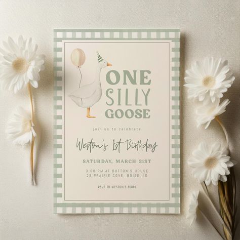 One Silly Goose Birthday Invitation Template | Editable Boy 1st Birthday Green Printable Invite | Goose First Birthday S712 One Silly Goose Birthday, Goose First Birthday, Goose Birthday, Invitation Unique, Silly Goose, Birthday Invitation Template, Whimsical Design, 1st Boy Birthday, Boy Party