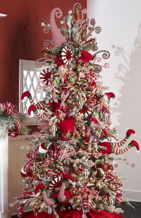 Elf Peppermint Tree...these are the most Creative Christmas Trees! Christmas Tree Decorated, Whimsical Christmas Trees, Elf Christmas Tree, Peppermint Christmas, Creative Christmas Trees, Christmas Tree Inspiration, Red Christmas Tree, Fabulous Christmas, Trendy Tree