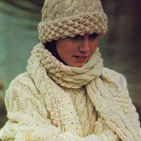 INSTANT DOWNLOAD PDF  Vintage Knitting Pattern   Aran Sweater Hat Scarf and Gloves Cable Free Aran Knitting Patterns, Brioche Pattern, Aran Sweaters, Aran Knitting, Aran Knit, Ribbed Hat, Aran Knitting Patterns, Cable Knitting Patterns, Knitting Patterns Free Scarf