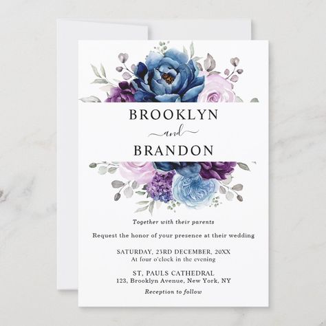 Dusty Blue Purple Navy Lilac Blooms Wedding Invitation Wildflower Greenery, Sage Wreath, Moody Botanical, Spring Wedding Invitations, Navy Wedding Invitations, Elegant Bouquet, Lilac Wedding, Purple Wedding Invitations, Garden Watercolor