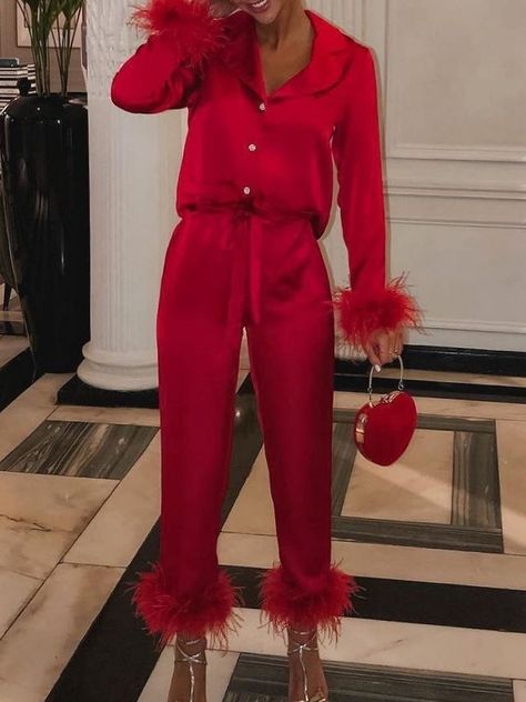 red pajama outfits for valentines day Pajama Party Outfit, Red Christmas Outfit, Valentine Outfits For Women, Feather Outfit, Nadine Merabi, Luxury Pajamas, Red Pajamas, Valentines Day Dresses, Christmas Outfits Women