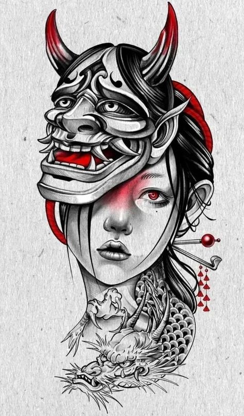 Tattoo Designs Upper Arm, Mascara Hannya, Tato Geisha, Zeinab Harake, Ladies Tattoo, Oni Mask Tattoo, Geisha Tattoo Design, Hannya Mask Tattoo, Vine Tattoo