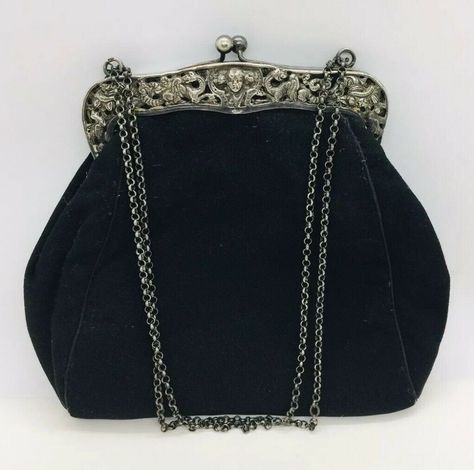 Antique Victorian 800 Sterling Silver Faces & Dragons Frame Black Purse | eBay Outfits Inspo Aesthetic, Faces Design, Victorian Purses, Goth Prom, Cloth Purse, Victorian Accessories, Purple Gothic, Vintage Evening Bags, Vintage Goth