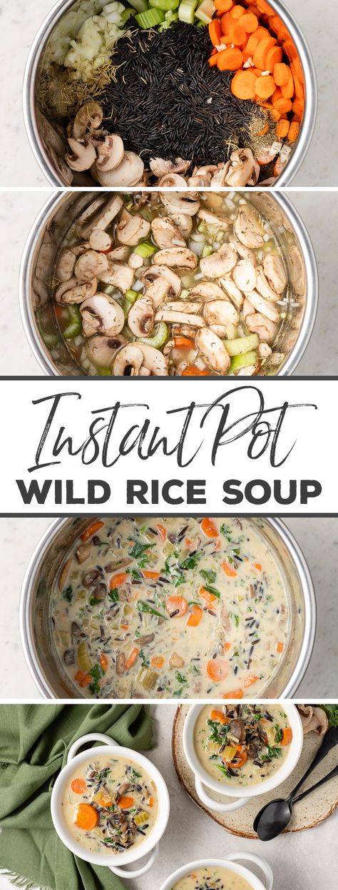 MY ENTIRE FAMILY LOVES THIS SOUP. Creamy wild rice soup made in the Instant Pot with mushrooms and lots of veggies. Easy and delicious and healthy! An absolute must save! Instant Pot Wild Rice Soup, Instant Pot Wild Rice, Creamy Wild Rice, Creamy Wild Rice Soup, Chicken Wild Rice, Soup Creamy, Chicken Wild Rice Soup, Instant Pot Soup Recipes, Wild Rice Soup