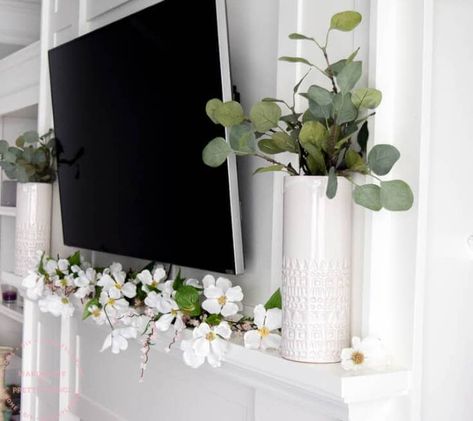 Mantle With Tv Decor, Spring Decor Mantle, Spring Garland For Mantle, Mantle With Tv, Spring Front Porch Decor, Spring Farmhouse Decor, Spring Mantle Decor, Farmhouse Mantle, Magnolia Garland