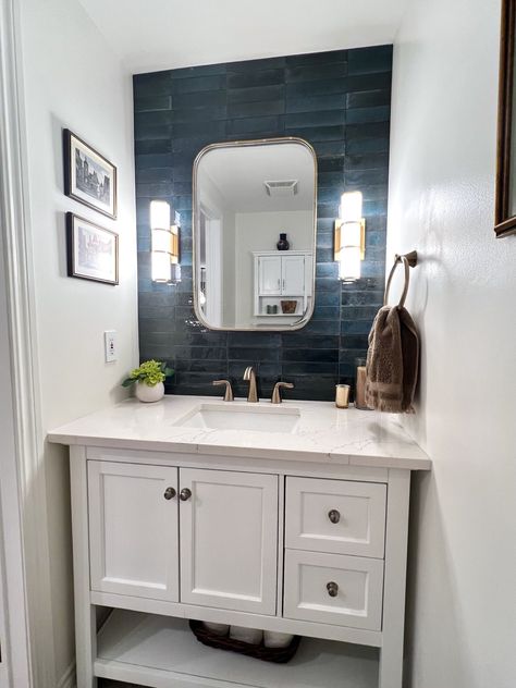 Accent Tile Wall Powder Room, Dark Tile Powder Room, Powder Bath Tile Accent Wall, Accent Wall Behind Bathroom Vanity, Half Bath With Tile Wall, Powder Bathroom Tile Wall, Half Bath Tile Wall Behind Sink, Powder Room Tile Accent Wall, Navy Blue Accent Wall Bathroom