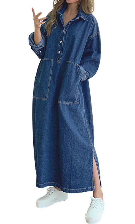 PRICES MAY VARY. Style: Maxi long denim shirt dress with side split, featuring 1/2 button down placket & turn down spread collar, long sleeve with drop shoulder, 2 big pockets for your hands Loose-fit jean dress can perfectly fit all figures, made of high quality and soft washed denim, about ankle length; Trendy and slouchy tunic dress in wardrobe, calssic design suit for everyone to wear, solid color: dark blue Versatile pullover denim sweatshirt dress, you can match with boots, sneakers, jacke Long Denim Shirt Dress, Fall Fashion Denim, Long Denim Shirt, Long Sleeve Denim Dress, Denim Sweatshirt, Dress With Split, Denim Maxi Dress, Long Jeans, Denim Shirt Dress