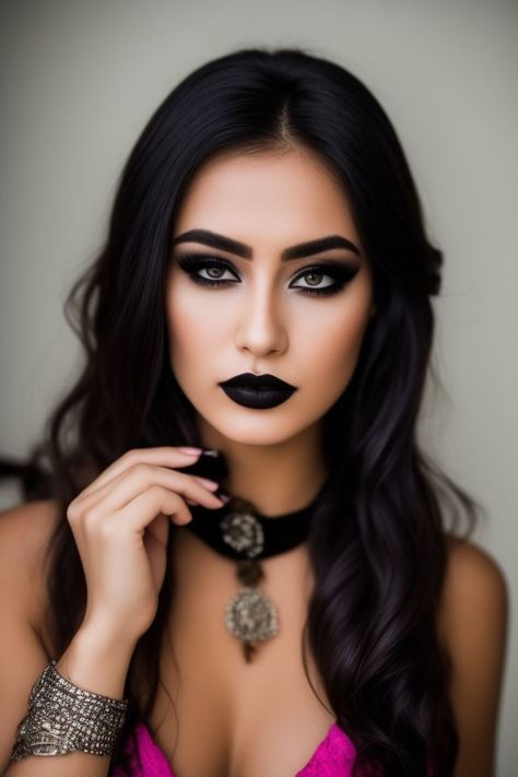 Midevil Witch Makeup, Witch Makeup Smokey Eye, Glamorous Witch Makeup, Brunette Makeup Looks, Witch Makeup Red Lips, Pretty Witch Makeup, Witch Makeup Black Lipstick, Brunette Makeup, Witch Makeup