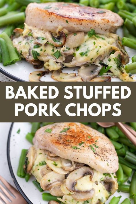 Boneless stuffed pork chops baked in oven with recipe title text. Pork Chops Baked In Oven, Easy Stuffed Pork Chops, Pork Chops With Mushrooms, Pork Chops Baked, Baked Stuffed Pork Chops, Stuffed Pork Chops, Mushroom Pork Chops, Pork Chop Recipes Baked, Stuffed Pork