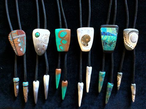 Polymer clay bolo ties by Karen Brueggemann Polymer Clay Bolo Ties, Modeling Clay, Diy Recycle, Craft Day, Polymer Clay Pendant, Homemade Jewelry, Doll Maker, Metal Clay, Ethnic Jewelry