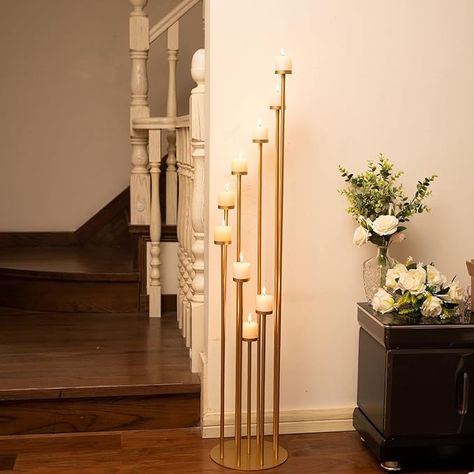 Amazon.com: Fullvaseer Gold 9 Arm Pillar Candle Holder,Metal 9 Arm Candelabra for Christmas Wedding Home Halloween Party Decoration(46.3inch) : Home & Kitchen Home Halloween Party, Christmas Candelabra, Tapper Candles, Floor Candelabra, Gold Candelabra, Tall Candlesticks, Party Table Centerpieces, Halloween Party Decoration, Floor Candle Holders